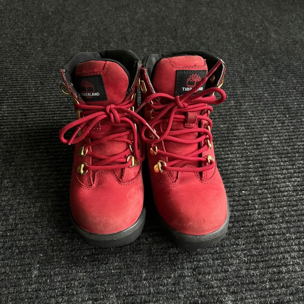 Timberland Field Boots Boys 1 Red Nubuck Mesh Mid Top Hiking A2JKR Gold Hardware